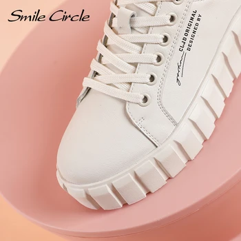 Sorriso Círculo Tênis Branco Mulheres Plana Sapatos de Plataforma Moda Primavera de Couro Genuíno do dedo do pé Redondo de Espessura inferior Sapatos Casuais