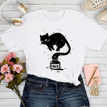 T-shirts Mulher Gato Animal Adorável Moda Animal Casual, a coleção Primavera / Verão Camiseta Top de Senhora Elegante 2021 Impressão Roupas Tee T-Shirt