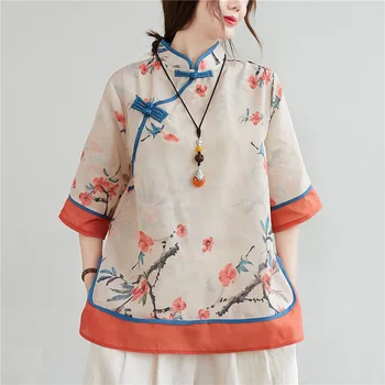 Primavera Mulheres Chinês Tradicional Estilo Tops, Roupa De Cama De Algodão Solto Blusas Cheongsam Feminino Vintage Fivela Hanfu Camisas De Tang Ternos