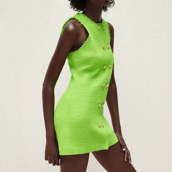 Za Vestido de Moda Simples de abotoamento Duplo Fluorescente Verde Mulheres de Vestido 2021 Novo Casual Slim Jovens de Rua Vestido de Mulher