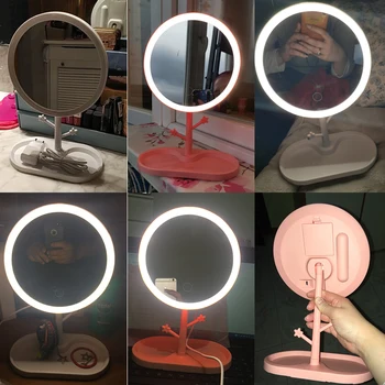 LED Espelho de Maquilhagem Com a Luz da Composição das Senhoras da Lâmpada Com o Armazenamento de área de Trabalho de Espelho Rotativo Forma Redonda Maquiagem Tabela Espelhos de Natal
