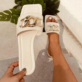 Mulheres Chinelo Sandália Nova Concepção Corrente De Ouro No Dedo Do Pé Fechado Deslizar Sobre Mulas Sapatos Televisão Saltos De Cabeça Quadrada Casual Slides Flip Flop 2021