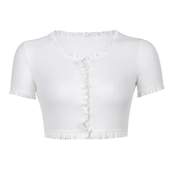 Rapcopter Sólido Branco Crop Top Single Breasted Camiseta de Verão Short Sleeve Tee Superior coreano Cardigans Vintage Mulheres Streetwear 90