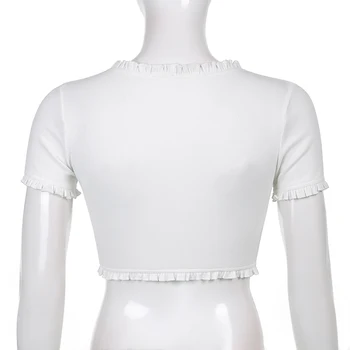 Rapcopter Sólido Branco Crop Top Single Breasted Camiseta de Verão Short Sleeve Tee Superior coreano Cardigans Vintage Mulheres Streetwear 90