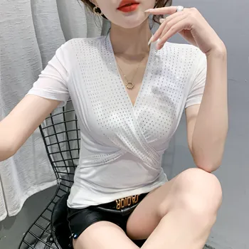 O verão coreano Roupas de Malha T-Shirt Fashion Girl Sexy V-Pescoço Cruz de Diamantes Brilhantes Mulheres Tops de Manga Curta Tees Novo 2021 T14309A