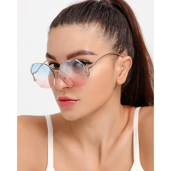 2021 Novas Mulheres Oversize Óculos Sem Aro Uv400 Marca De Designer De Alta Qualidade Gradiente De Óculos De Sol Feminino