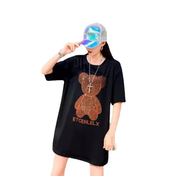 Quente do cristal de rocha do desenho animado do Urso Bonito de Manga Curta T-shirt das Mulheres de Algodão coreano Casual Preto Oversized Harajuku Kawaii Gráfica Tees