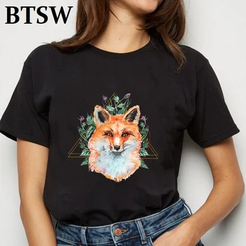 Floral Bonito Fox Kawaii Vintage T-Shirt Senhoras Unisex Crewneck Mulheres Gráfica Tees Outwear Casual Tops Do Navio Da Gota