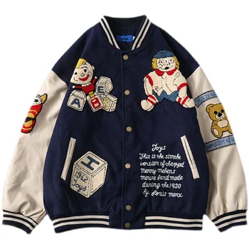 Hip Hop De Beisebol Varsity Jacket Homens De Rua Urso EmbroideryJapanese Casual Solta Bomber Casaco Japonês Casual Solta Bombardeiro Coats