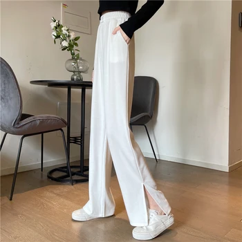 Cintura alta Grande Perna de Calça feminina da Primavera e do Outono Novo Estilo de Cortina Fina Reta Solto e Casual Cinza