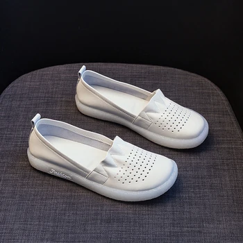 Mulheres Sapatos de Couro Genuíno 2021 mais Recentes Respirável Soft Oco Plana Sapatos Para Mulheres Grávidas Grande Tamanho Sapatos femininos