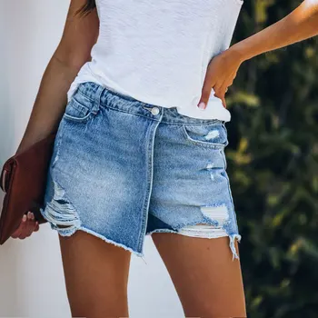 Gentillove 2021 Mulheres Mini Saia De Cintura Alta Angustiado Buraco Fundos De Verão Rasgado Slim Shorts Jeans Casual Básico Vintage Bolso