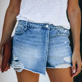 Gentillove 2021 Mulheres Mini Saia De Cintura Alta Angustiado Buraco Fundos De Verão Rasgado Slim Shorts Jeans Casual Básico Vintage Bolso