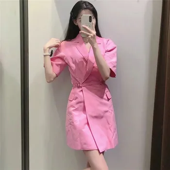 PSEEWE Za 2021 Blazer Vestido de Mulher cor de Rosa Curto Verão, Vestidos de Mulheres Cinto de Manga Curta Mini Vestido Elegante Vestidos Casuais