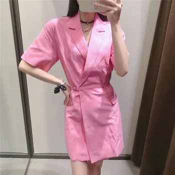 PSEEWE Za 2021 Blazer Vestido de Mulher cor de Rosa Curto Verão, Vestidos de Mulheres Cinto de Manga Curta Mini Vestido Elegante Vestidos Casuais