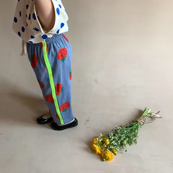 Verão meninos e meninas bonito tomate impressão fina perna larga calças de algodão de Crianças casual cool calças 1-7Y