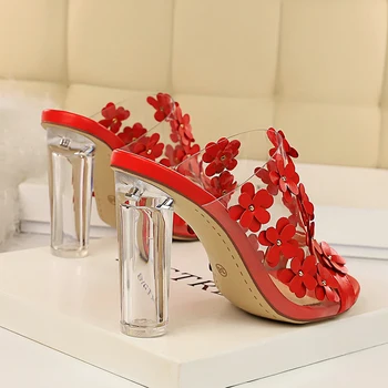NIUFUNI Transparente do PVC Cristal das Mulheres Chinelos de quarto Pequenas Flores Doces Sapatos de Verão, de Salto Alto Dedos Redondos de Metal Decorativos Sandálias
