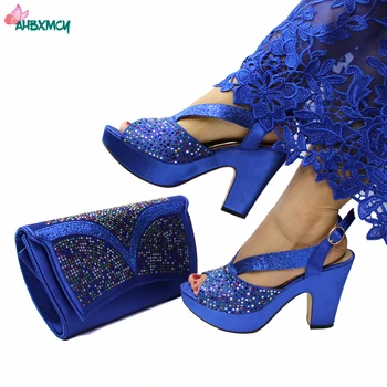 Mais recente Mulheres Sexy de Alta Qualidade italiana de Sapatos de Senhoras e Conjunto de Saco na Cor Azul Royal com Brilho de Cristal para Casamento