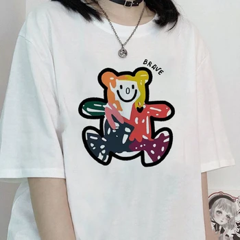 Y2K Verão de Manga Curta Gótico das Mulheres T-shirt Gola Redonda Solta Urso Imprimir Punk Rua Escura Roupas Superior T-shirt Harajuku Vestir
