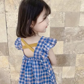 2021 Verão, Outono Novo Unicórnio Princesa Menina de Vestido Longo e Elegante coreano Menina com Roupas Xadrez Saia Crianças Vestidos de Roupas de Crianças
