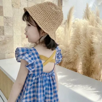 2021 Verão, Outono Novo Unicórnio Princesa Menina de Vestido Longo e Elegante coreano Menina com Roupas Xadrez Saia Crianças Vestidos de Roupas de Crianças