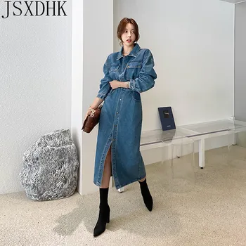 JSXDHK 2021 Novo Estilo coreano Mulheres Magro Vestido Jeans de Moda Manga Longa Vire para Baixo de Gola Único Breasted Meados de Bezerro Vestido Feminino