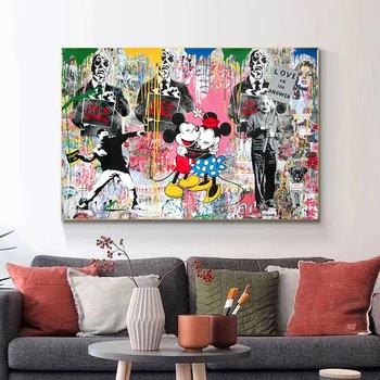 Arte do grafite Disney, Mickey e Minnie, se Abraçando, Pinturas em Tela, Pôsteres e Impressões de Arte de Parede Fotos Cuadro para Decoração de Sala de estar