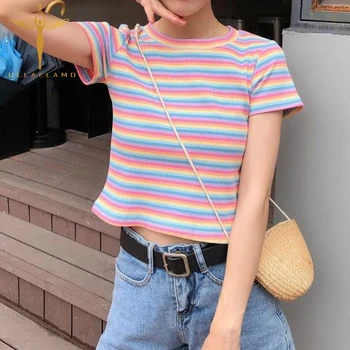 T-Shirt das Mulheres de algodão arco-íris Listrado Tops Harajuku Camiseta de Verão de Manga Curta Umbigo Magro costura coreano Punk crop top mulher