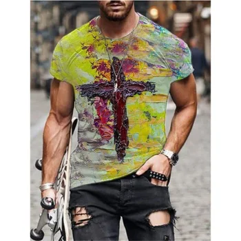 Oração roupas de Impressão Cristão crente padrão de cruz Mens T-shirt de Poker de Manga Curta Estilo de Rua Nova Moda de Verão tees