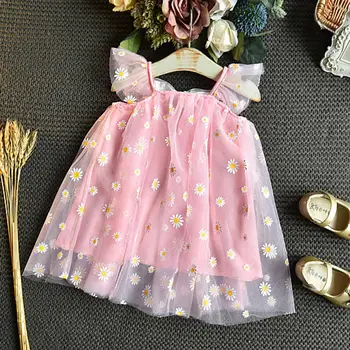 Vestido de verão Meninas de Vestido de estampa Floral sem encosto de Roupas de Crianças Voando Manga Net Fios Vestir para as Férias de crianças roupas de meninas платье