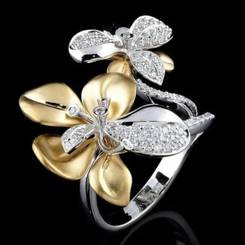 Moda de Ouro, Cor de Prata Mistura de Flor de Noivado Anel de Micro Pave de Cristal Anéis de Casamento para as Mulheres de Jóias Exclusivas Anillos Mujer