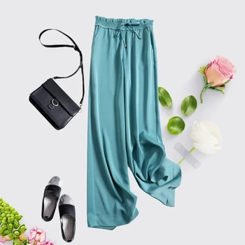 High-end de cor sólida 9-ponto de grande perna de calça para mulheres de verão 2021 novo estilo coreano de alta drapeado da cintura reta flor calças