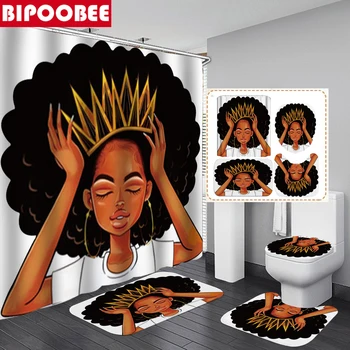 As Mulheres afro-Americanas com Coroa Cortina de Chuveiro Afro África Menina Rainha Princesa Banheira Cortinas com Tapetes de Assento de Banheiro Capa de Conjunto de