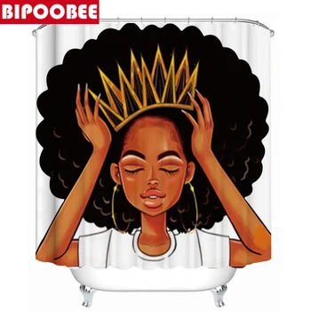 As Mulheres afro-Americanas com Coroa Cortina de Chuveiro Afro África Menina Rainha Princesa Banheira Cortinas com Tapetes de Assento de Banheiro Capa de Conjunto de