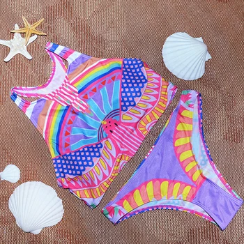 2021 Verão de Novo Senhoras Maiô Biquíni de Duas peças Swimsuit Sexy Pintado Design de Padrão de Cruz Halter Cintura Baixa Cor Sólida Quebra-cabeça
