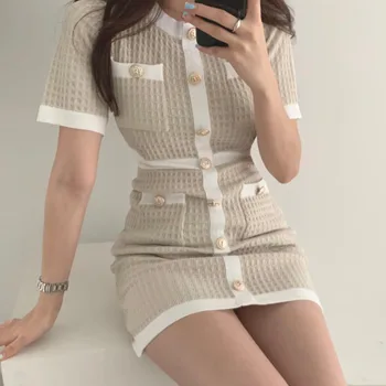 SHIJIA 2021 Novo Pacote de Hip Vestido de Malha Mulher de Cintura fina Botão de Ouro O-pescoço Vestidos de Verão Feminino coreano Chique Vestidos OL Pano