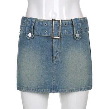 Sweetown Harajuku 90 Vintage Jeans Super Mini Saia Shorts Com Cintos coreano Moda calça Jeans Reta de Cintura Baixa, Saias das Mulheres
