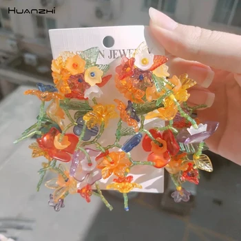 HUANZHI 2021 Nova Resina Transparente de Flores Coloridas Longa Borla Multilayer Dangle Brincos para Mulheres Meninas a Festa de Jóias