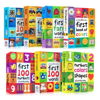 7Books para Crianças de Educação infantil Primeiros 100 Animais Palavras em inglês capa Dura Livro de Bordo de Aprendizagem Cartões de memória Flash para Crianças Abc Brinquedos
