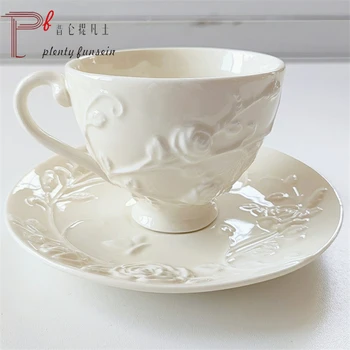 Europeia xícara de café e pires conjunto de chá da tarde copa pesado tridimensional rosa pálido amarelo prato de cerâmica placa