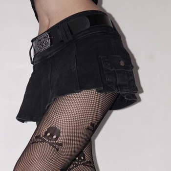 AltGirl Harajuku Y2k Saia do Denim das Mulheres Dark Gótica Streetwear Mini-Saia com Cinto com Caveira Shopping Gótico Punk Grunge Sexy Emo Clubwear