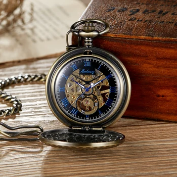 Vintage Oco Mecânica Relógio De Bolso Lua, Estrelas, Design Steampunk Esqueleto Da Mão-Vento Assistir Numerais Romanos Relógio Com Fob Cadeia