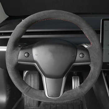 Estilo esporte de Carro de Cobertura de Volante para o Tesla Model 3 Alcantara Tampas de Couro Durável Anti-derrapante Respirável Acessórios do Carro
