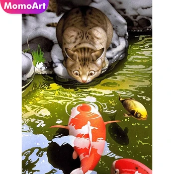 MomoArt Diamante Pintura Gato Strass Arte 5D DIY Bordado de Diamante Venda de Animais de Peixe Plena Praça Mosaico de Decoração de Parede