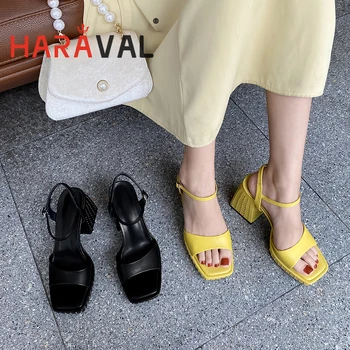 HARAVAL 2021 Verão de Mulheres Sandálias Grosso Calcanhar Preto Amarelo Moda Senhora Sapatos de Plataforma Fivela Aberto Toe Feminino Sexy Sólido B267