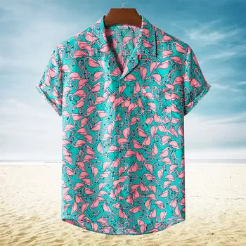 Elegante Flamingo Impressão Havaiana Aloha Shirt Homens 2021 Verão Novo Manga Curta Praia Camisas De Mens Holiday Party Férias De Roupas