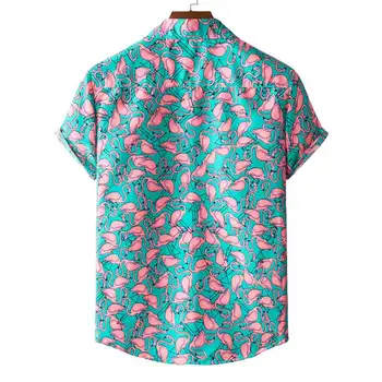 Elegante Flamingo Impressão Havaiana Aloha Shirt Homens 2021 Verão Novo Manga Curta Praia Camisas De Mens Holiday Party Férias De Roupas