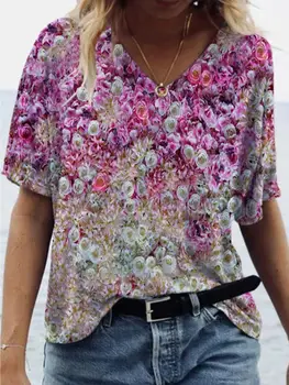 Verão Nova T-Shirt das Mulheres Casuais Roupas de Moda Tops Flor Pintada Macio e Confortável Solta Mulheres T-Shirts