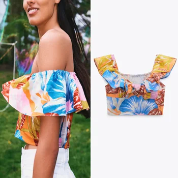 Za 2021 estampa Floral Blusas Mulheres de Verão V-pescoço para Fora do Ombro de uma Mulher Sexy Tops Contorceu Borda Elástico franzido no busto Blusas Cropped