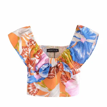 Za 2021 estampa Floral Blusas Mulheres de Verão V-pescoço para Fora do Ombro de uma Mulher Sexy Tops Contorceu Borda Elástico franzido no busto Blusas Cropped
